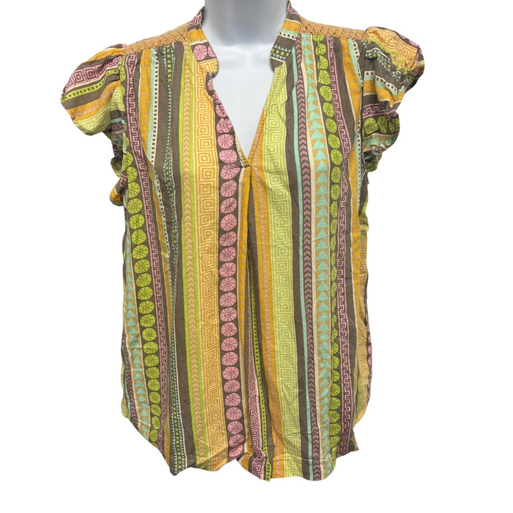 Studio Park Womens XS Linen Blend Striped Boho Flutter Sleeve Blouse